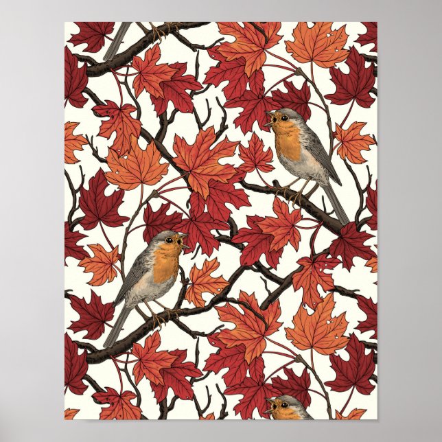 Robins in maple tree on off white poster (Front)