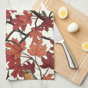 Robins in maple tree on off white tea towel