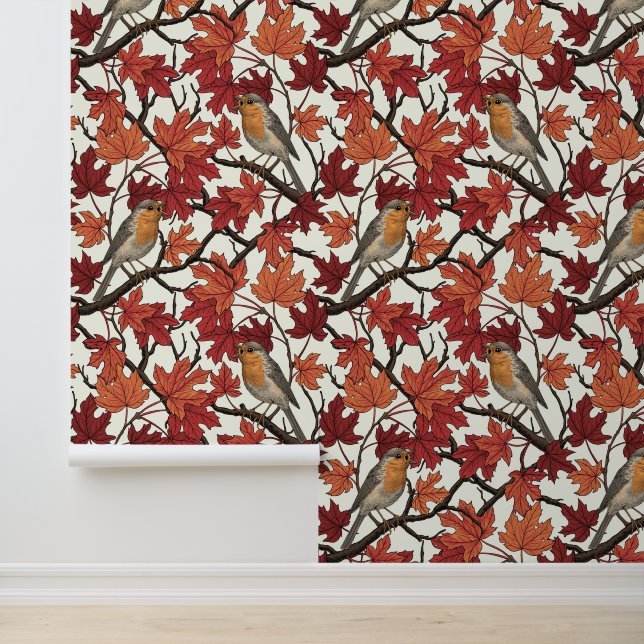 Robins in maple tree on off white wallpaper (Application)