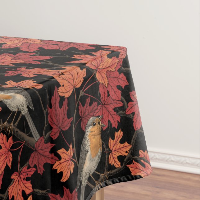 Robins in maple tree tablecloth (In Situ)