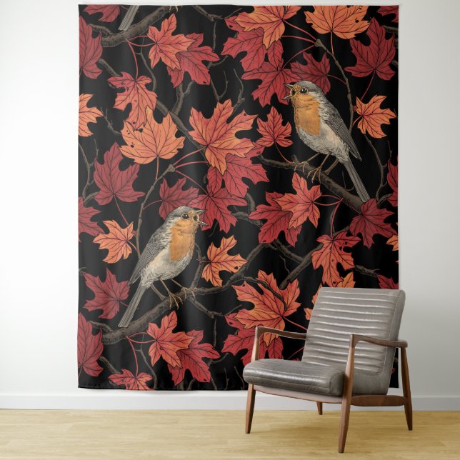 Robins in maple tree tapestry (In Situ)