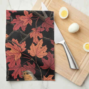 Robins in maple tree tea towel