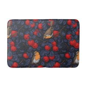 Robins in the apple tree/blue and red  bath mat