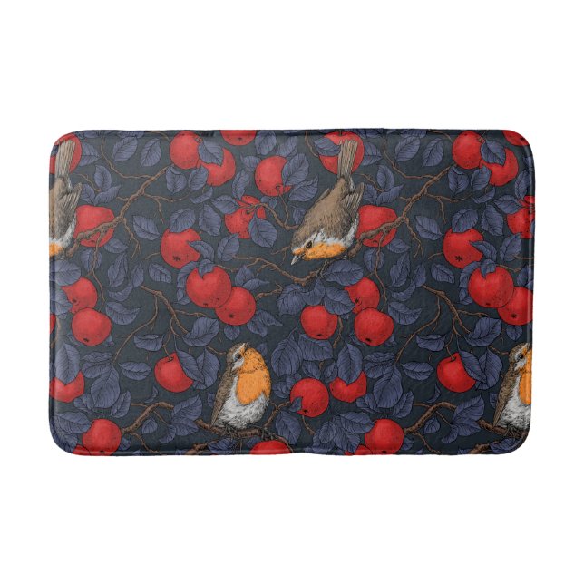 Robins in the apple tree/blue and red  bath mat (Front)