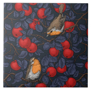 Robins in the apple tree/blue and red ceramic tile