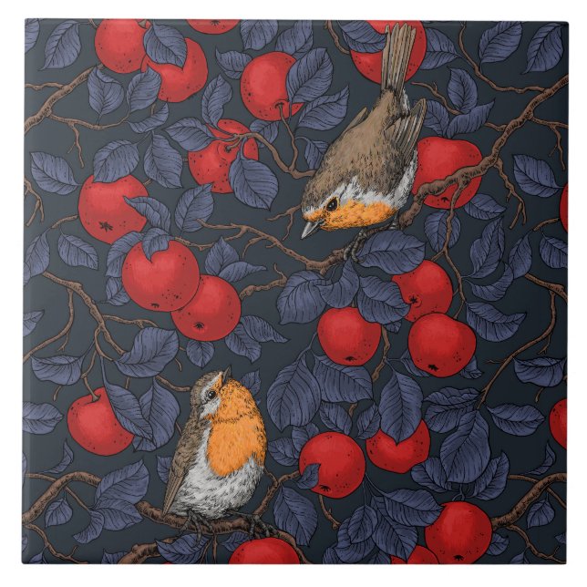 Robins in the apple tree/blue and red  ceramic tile (Front)