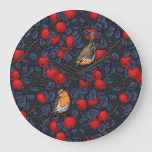 Robins in the apple tree/blue and red  large clock