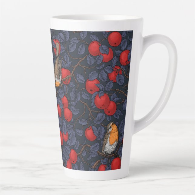 Robins in the apple tree/blue and red  latte mug (Right)
