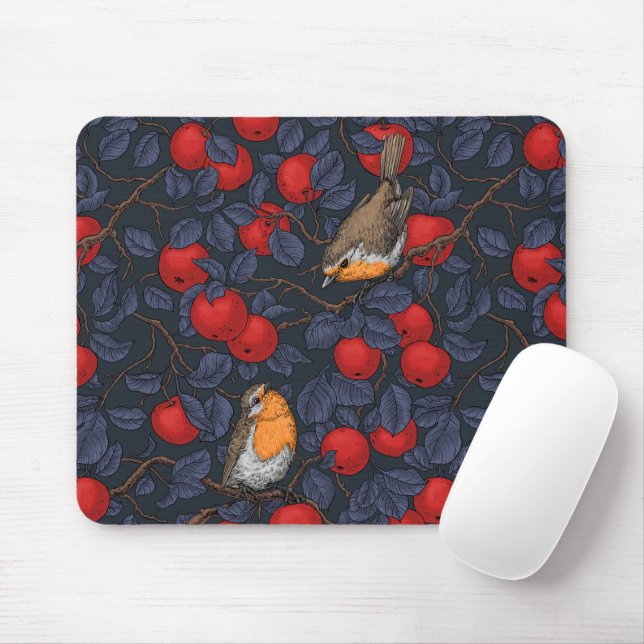Robins in the apple tree/blue and red  mouse pad (With Mouse)
