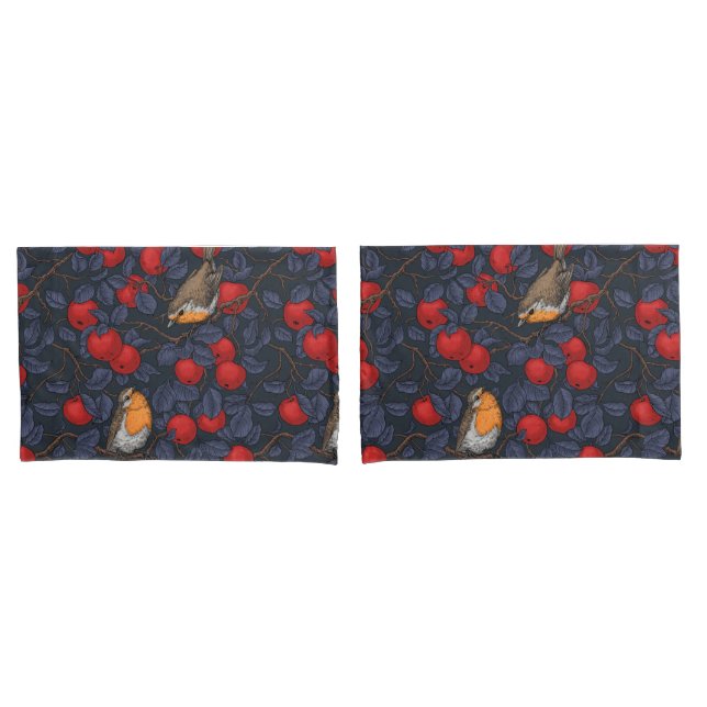 Robins in the apple tree/blue and red  pillowcase (Front-Set)