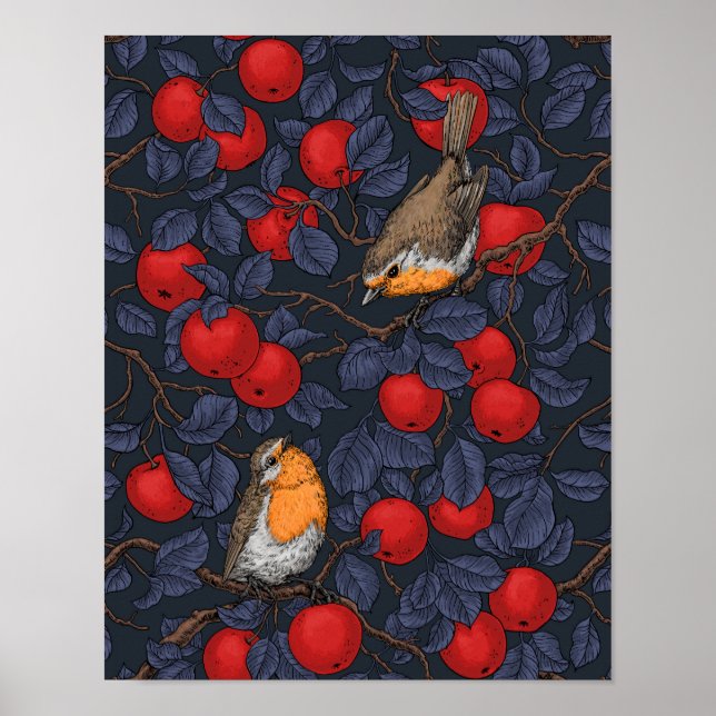 Robins in the apple tree/blue and red  poster (Front)