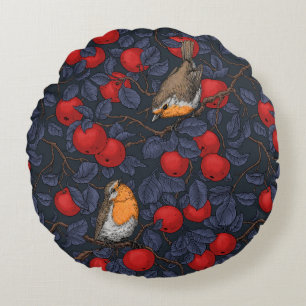 Robins in the apple tree/blue and red round cushion