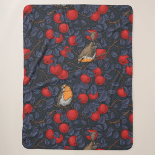 Robins in the apple tree/blue and red sherpa blanket
