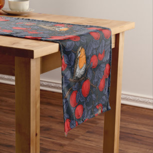 Robins in the apple tree/blue and red short table runner