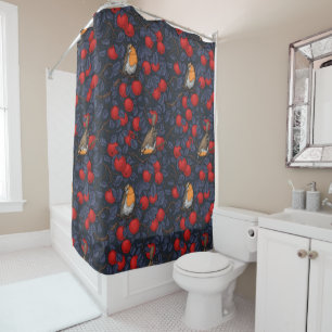 Robins in the apple tree/blue and red shower curtain