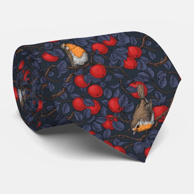 Robins in the apple tree/blue and red  tie (Rolled)