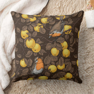 Robins in the apple tree/yellow and dark brown cushion