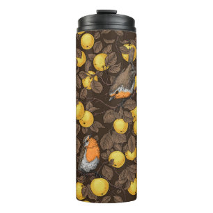 Robins in the apple tree/yellow and dark brown thermal tumbler