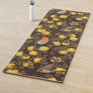 Robins in the apple tree/yellow and dark brown yoga mat