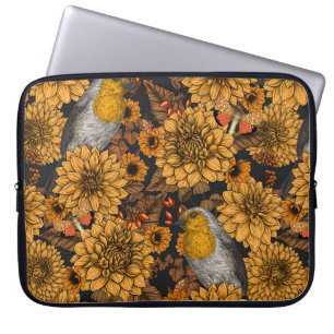Robins in the autumn garden on black laptop sleeve