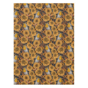 Robins in the autumn garden on black tablecloth