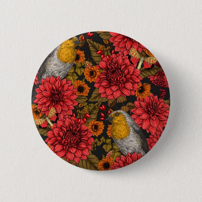Robins in the autumn garden, red dahlias on black 6 cm round badge (Front)