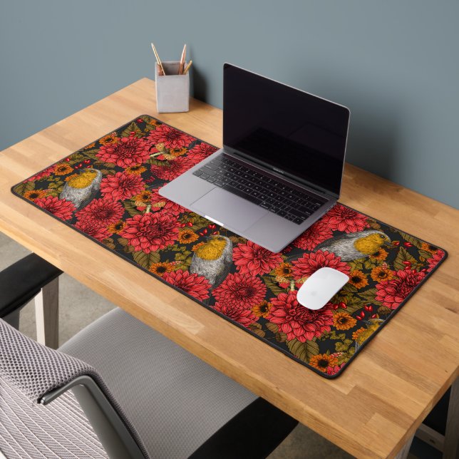 Robins in the autumn garden, red dahlias on black desk mat (Office 2)