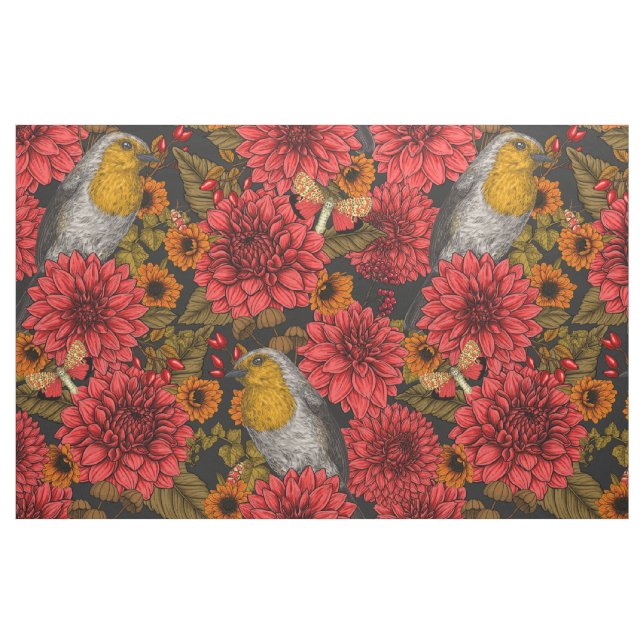 Robins in the autumn garden, red dahlias on black fabric (Fat Quarter)