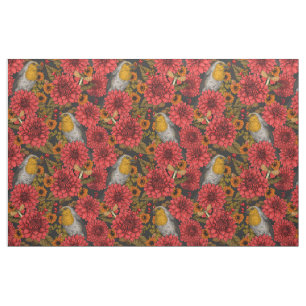 Robins in the autumn garden, red dahlias on black fabric