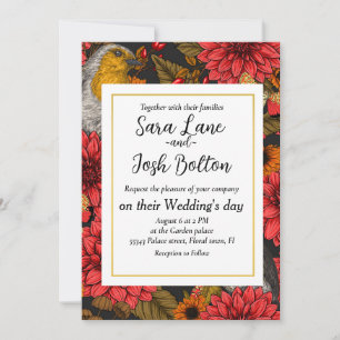 Robins in the autumn garden, red dahlias on black invitation
