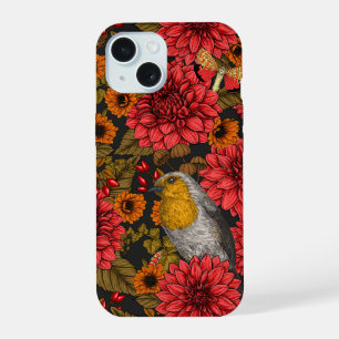 Robins in the autumn garden, red dahlias on black iPhone 15 case