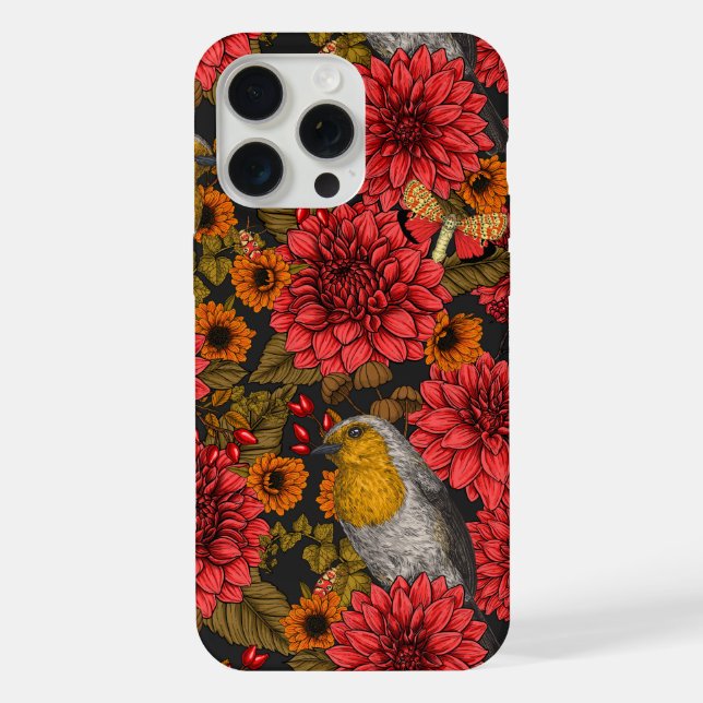 Robins in the autumn garden, red dahlias on black iPhone case (Back)
