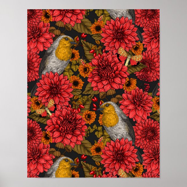 Robins in the autumn garden, red dahlias on black poster (Front)