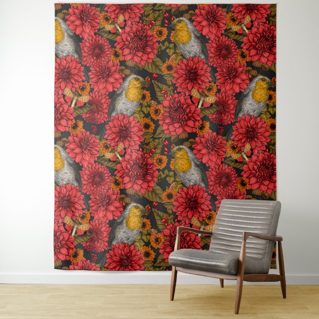 Robins in the autumn garden, red dahlias on black tapestry (In Situ)