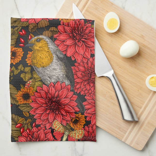 Robins in the autumn garden, red dahlias on black tea towel (Quarter Fold)