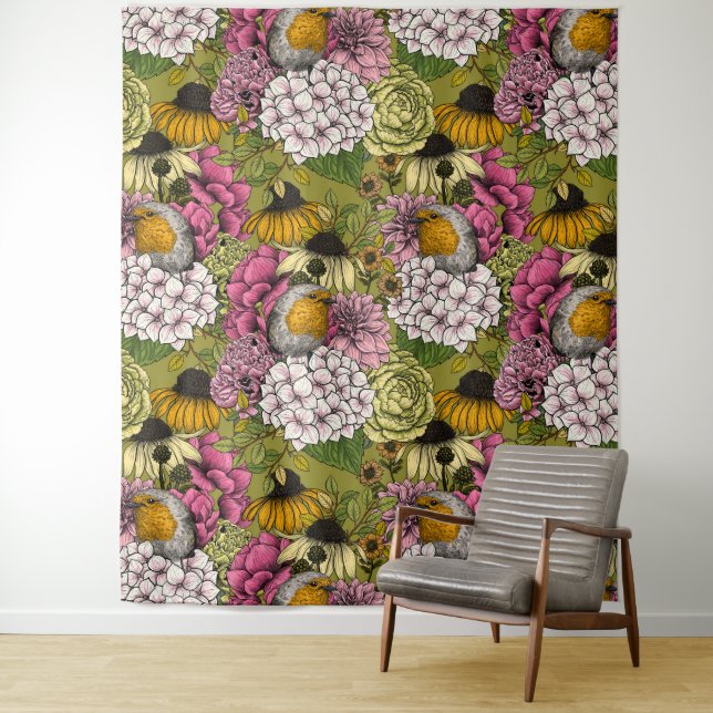 Robins in the garden 2 tapestry (In Situ)