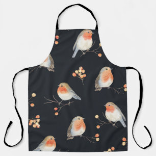 Robins, rowan berries, winter watercolor pattern. apron