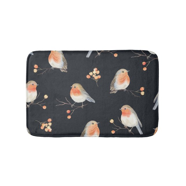 Robins, rowan berries, winter watercolor pattern. bath mat (Front)