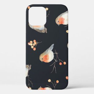 Robins, rowan berries, winter watercolor pattern. iPhone 12 case