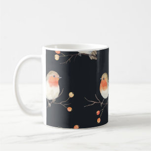 Robins, rowan berries, winter watercolor pattern. coffee mug