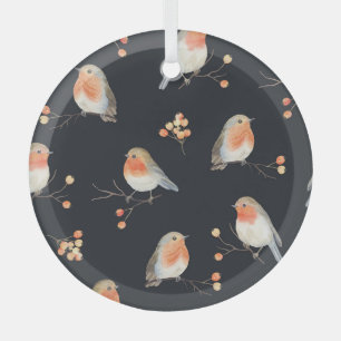 Robins, rowan berries, winter watercolor pattern. glass tree decoration