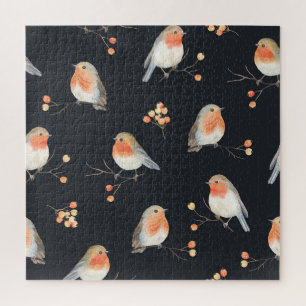 Robins, rowan berries, winter watercolor pattern. jigsaw puzzle