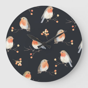 Robins, rowan berries, winter watercolor pattern. large clock