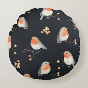 Robins, rowan berries, winter watercolor pattern. round cushion
