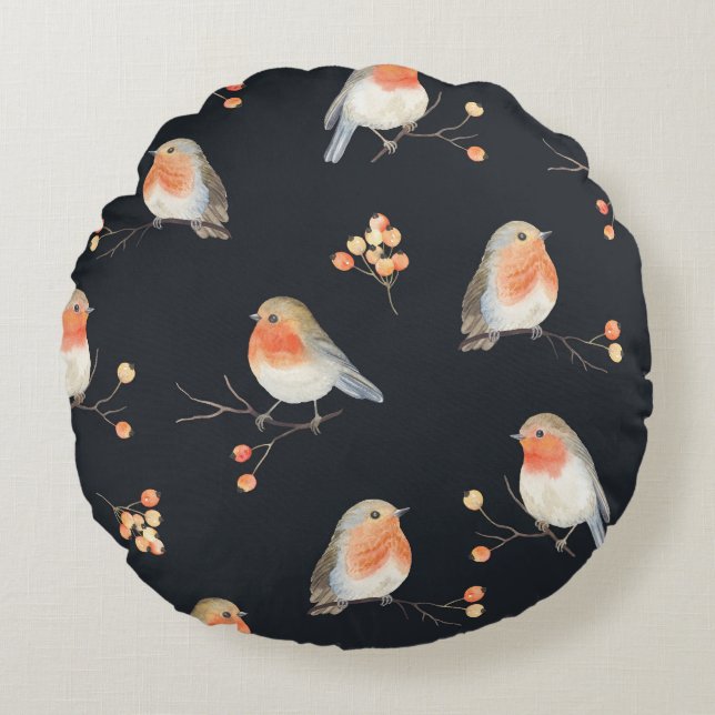 Robins, rowan berries, winter watercolor pattern. round cushion (Front)