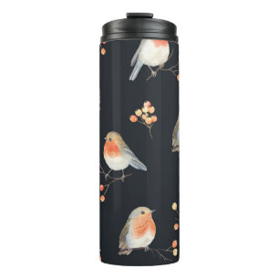Robins, rowan berries, winter watercolor pattern. thermal tumbler