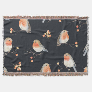 Robins, rowan berries, winter watercolor pattern. throw blanket