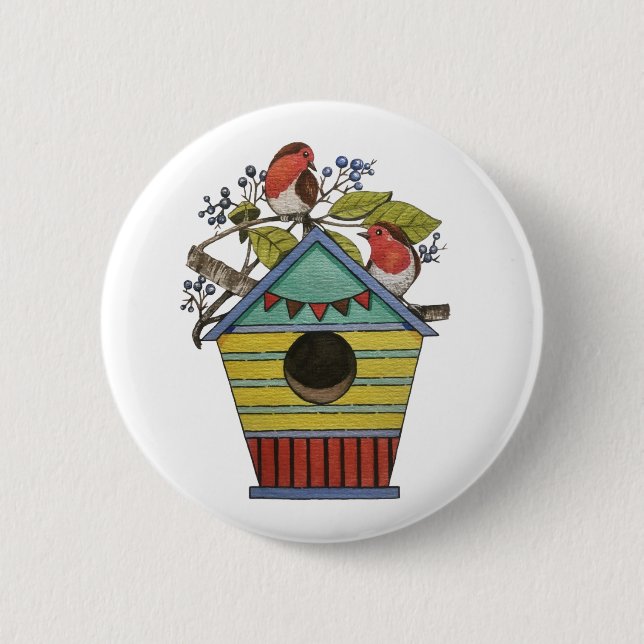 Robins With Blueberries And Birdhouse 6 Cm Round Badge (Front)
