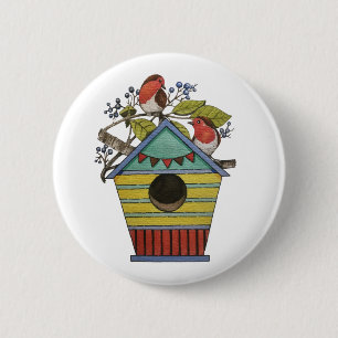 Robins With Blueberries And Birdhouse 6 Cm Round Badge