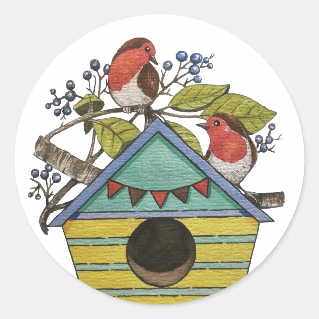 Robins With Blueberries And Birdhouse Classic Round Sticker (Front)